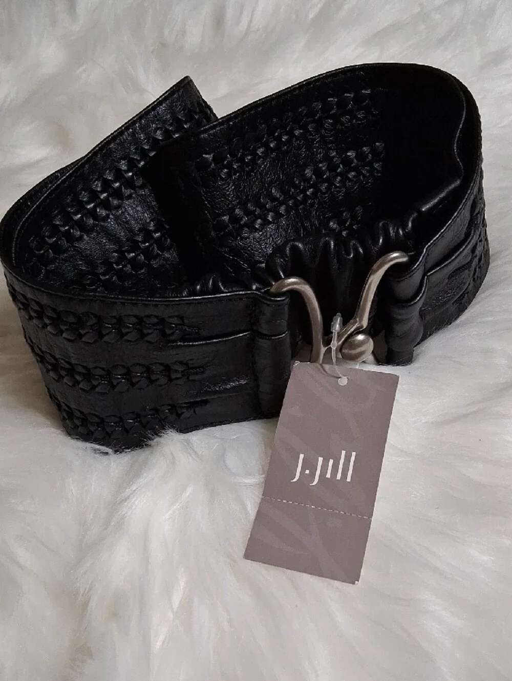 NWT J. Jill Black Braided Wide Stretch Belt with Silver Hook-Large
